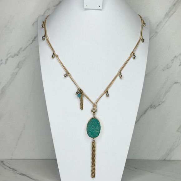 Chico's Gold Beaded Cord Turquoise Druzy Tassel Necklace ✨ - Picture 1 of 14